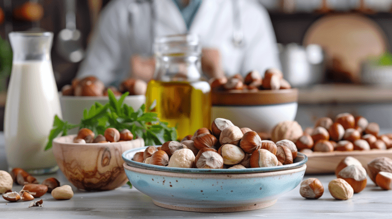 A selection of hazelnuts in bowls with a bottle of hazelnut oil and a glass of hazelnut milk on a kitchen counter.