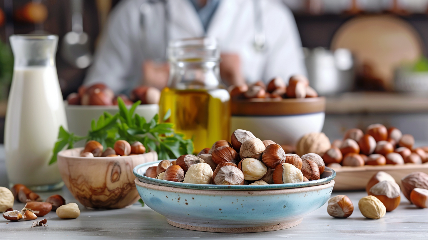 A selection of hazelnuts in bowls with a bottle of hazelnut oil and a glass of hazelnut milk on a kitchen counter.