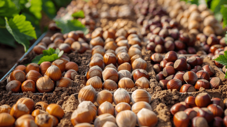 Various global hazelnut varieties displayed with different sizes and shapes.