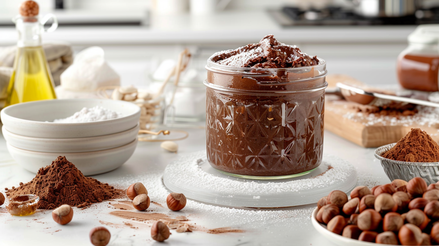 A jar of homemade hazelnut spread surrounded by ingredients like hazelnuts, cocoa powder, and powdered sugar on a kitchen counter.