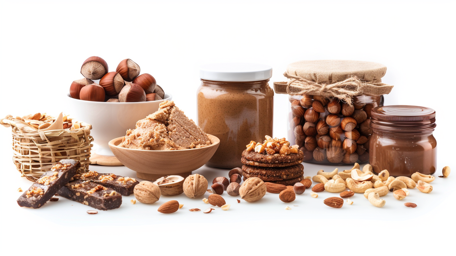 A variety of hazelnut products including whole nuts, hazelnut butter, spreads, and nut-based snacks displayed on a white background.