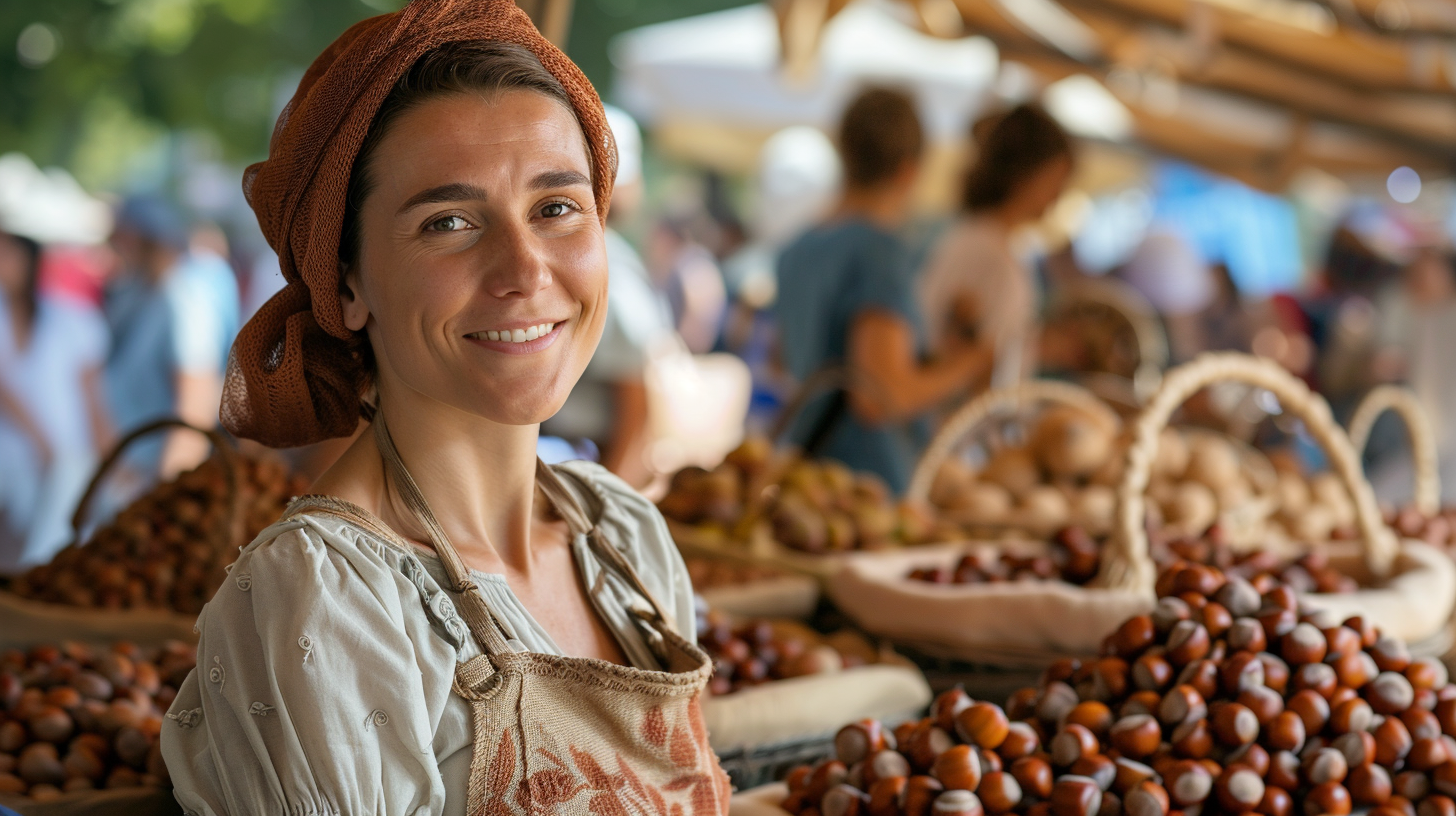 Close-up of a woman selling hazelnuts at the open market.