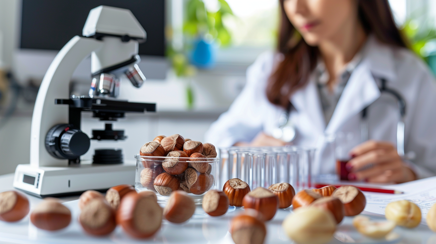 A researcher in a lab with a microscope and a bowl of hazelnuts, analyzing their health benefits.