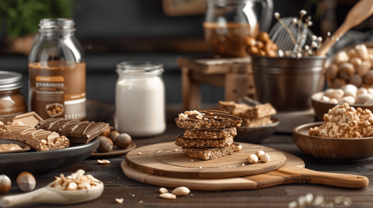 An assortment of hazelnut-based products including chocolate bars, hazelnut butter, milk, and snacks arranged on a wooden table.