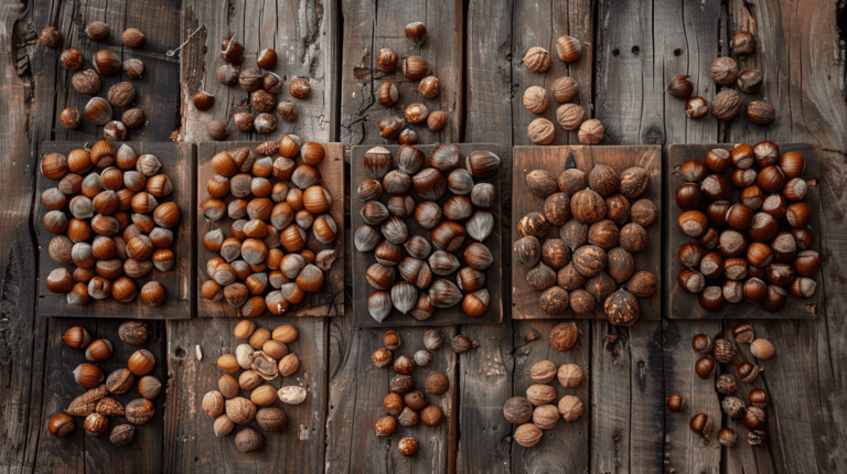 Various hazelnut varieties displayed with different sizes, shapes, and colors of nuts.