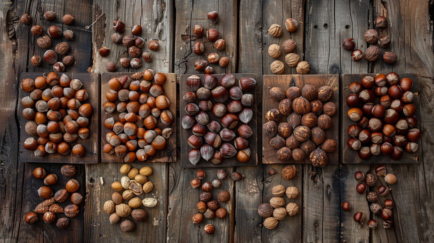 Various hazelnut varieties displayed with different sizes, shapes, and colors of nuts.