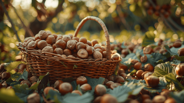 A wicker basket filled with harvested hazelnuts, surrounded by fallen nuts and green leaves in a hazelnut orchard.