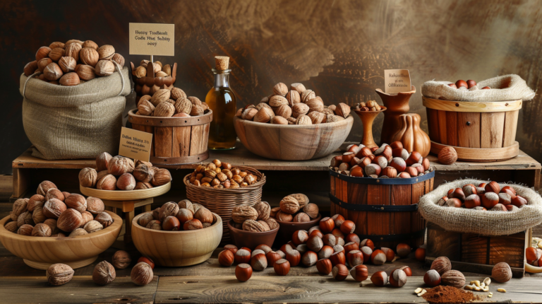 A display of different hazelnut varieties including whole nuts, shelled nuts, and hazelnut products on a wooden table.