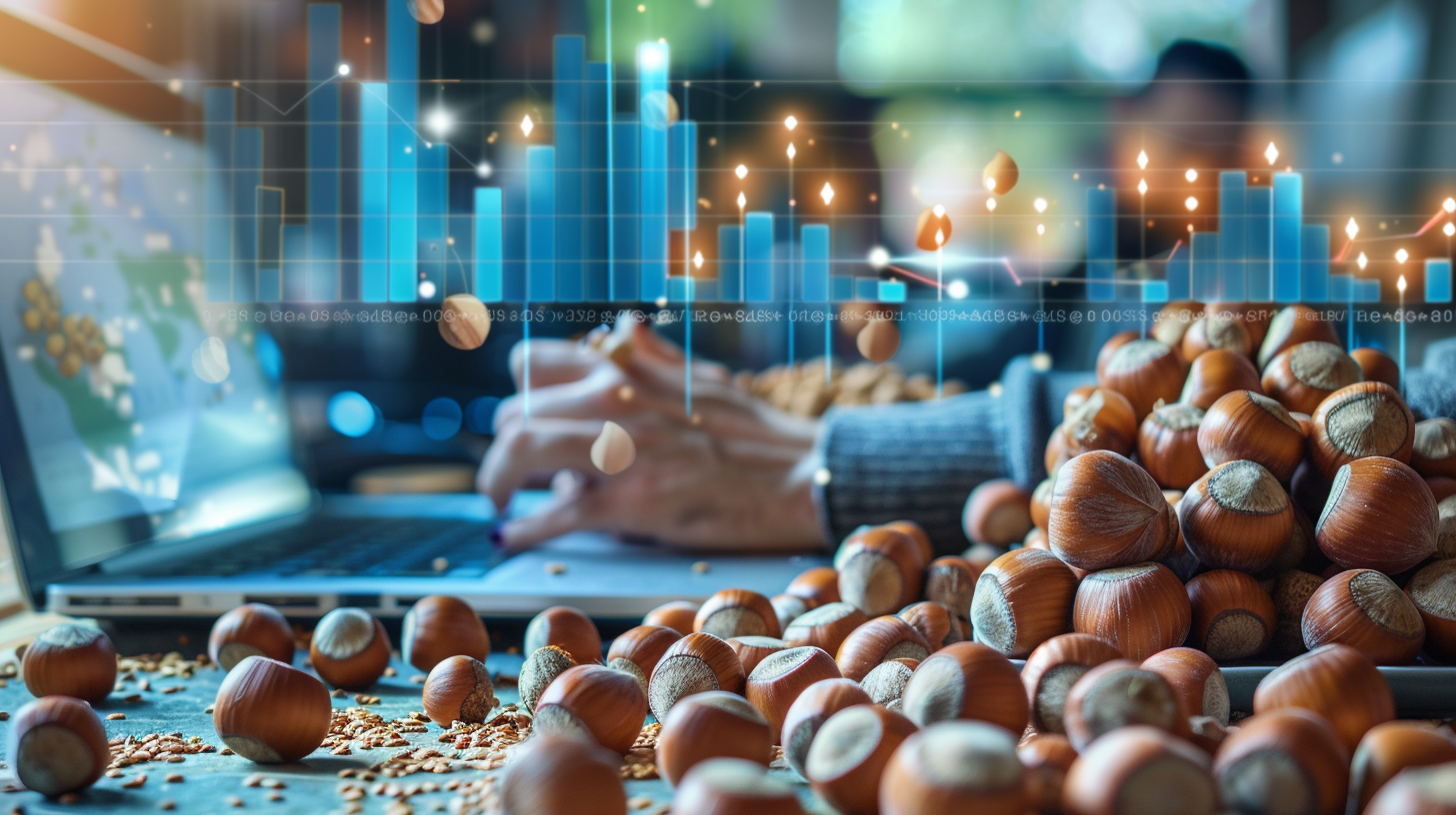 A collage of market growth graphs, production volume charts, and key hazelnut industry producing regions, with a person analyzing data on a laptop.