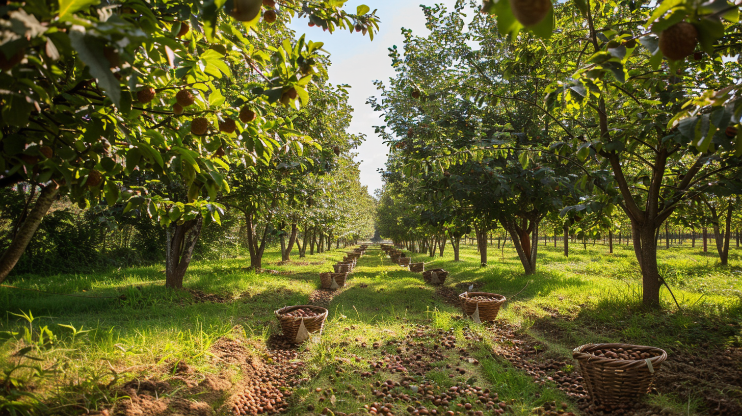 harvesting ripe hazelnuts in a wooden basket, green orchard using both traditional and modern methods, under a clear sunny sky.