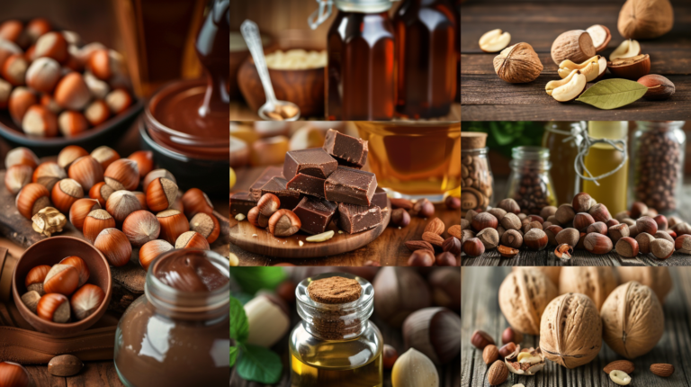 Collage showing hazelnuts used in food products, beauty items, and industrial applications like biofuel.