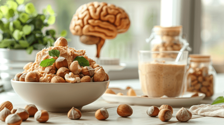 A bowl of hazelnuts and a smoothie on a table, with a model of a brain in the background, symbolizing the brain health benefits of hazelnuts.