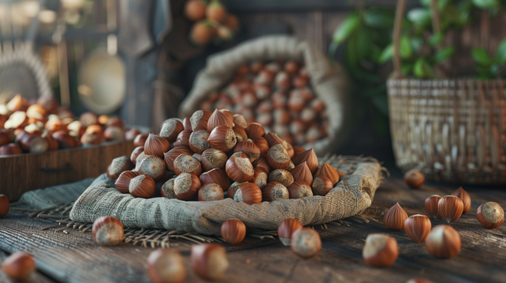 Hazelnuts on the wooden tabel