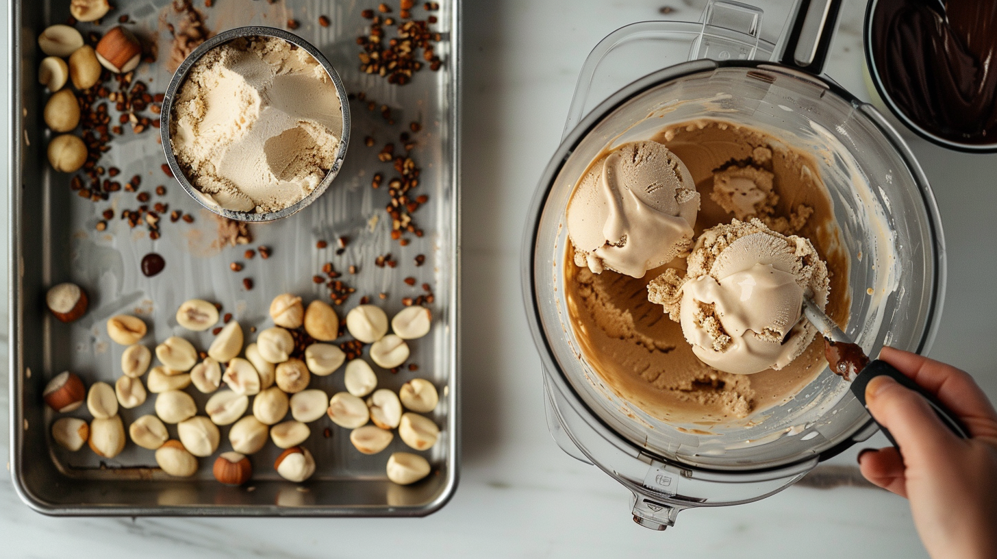 Close-up of homemade vegan hazelnut ice cream being scooped from a food processor, surrounded by chopped hazelnuts and kitchen tools.