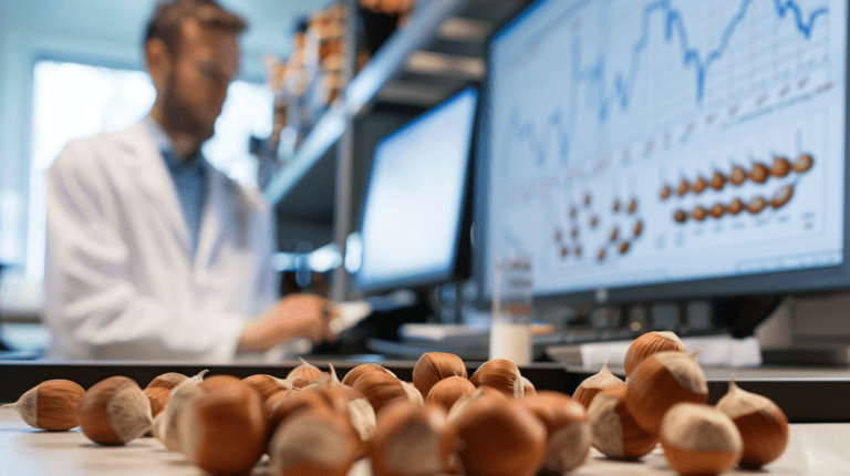 Researcher analyzing hazelnut market data on computer screens with hazelnuts on the desk in the foreground.