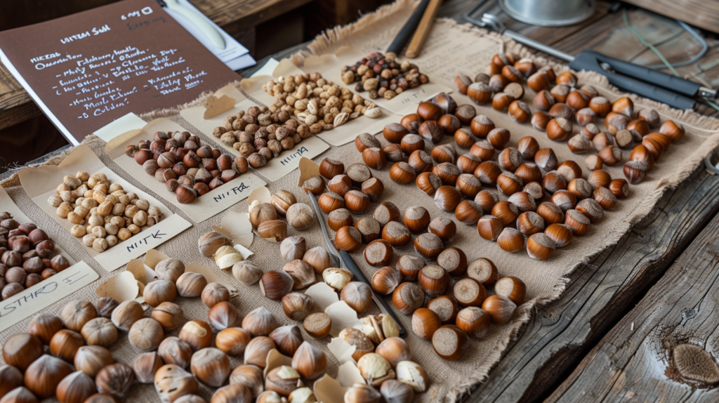 Different hazelnut varieties laid out on a wooden table with labels: American, Beaked, NITKA.