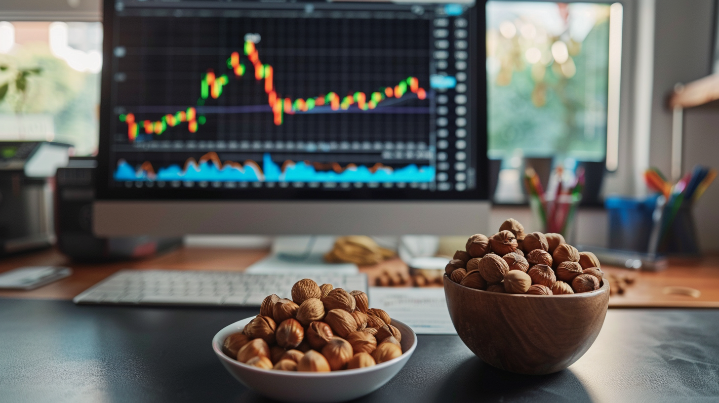 Financial analyst's desk with currency exchange charts and hazelnut market trends.