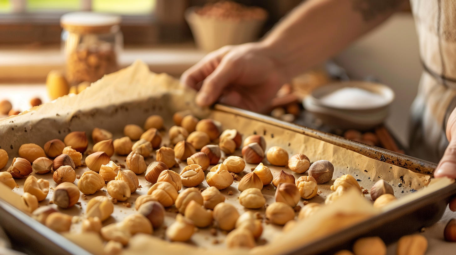 Golden brown roasted hazelnuts on a baking tray lined with parchment paper.