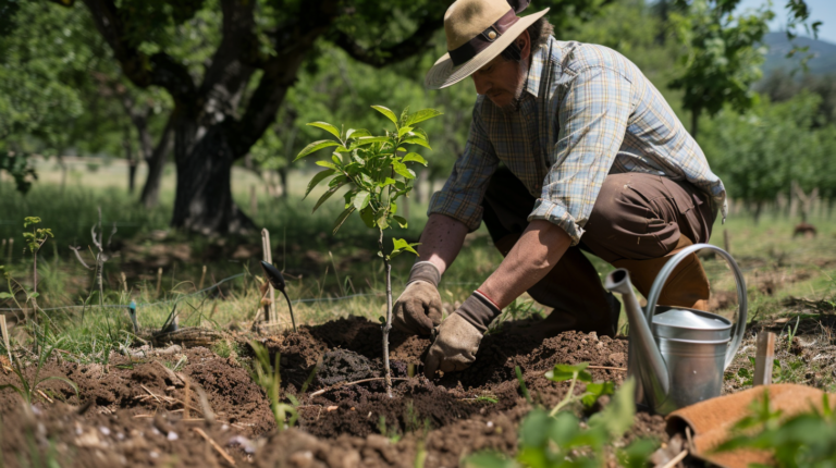 Gardener planting a young hazelnut tree in a sunny orchard.