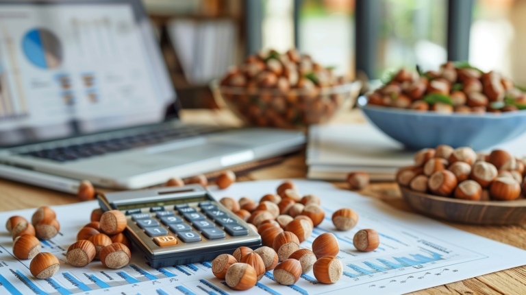 A detailed image of charts, graphs, and a calculator on a wooden table with hazelnuts and a laptop in the background, representing the financial analysis of hazelnut farming.