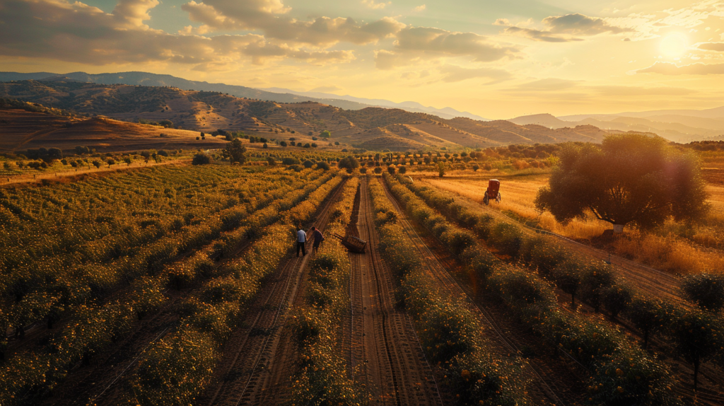 Turkish farmers harvesting hazelnuts in a lush orchard with rolling hills and a sunset backdrop. Currency fluctuations impact hazelnut export prices.