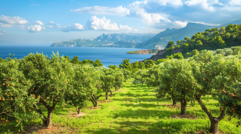 A lush hazelnut orchard in Turkey with ripe Tombul hazelnuts and the Black Sea in the background.