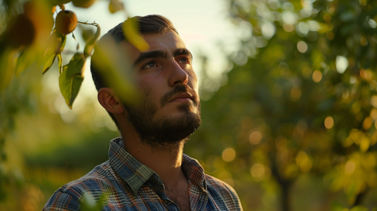 A hazelnut farmer in a plaid shirt thoughtfully inspecting hazelnuts in his orchard at sunset.