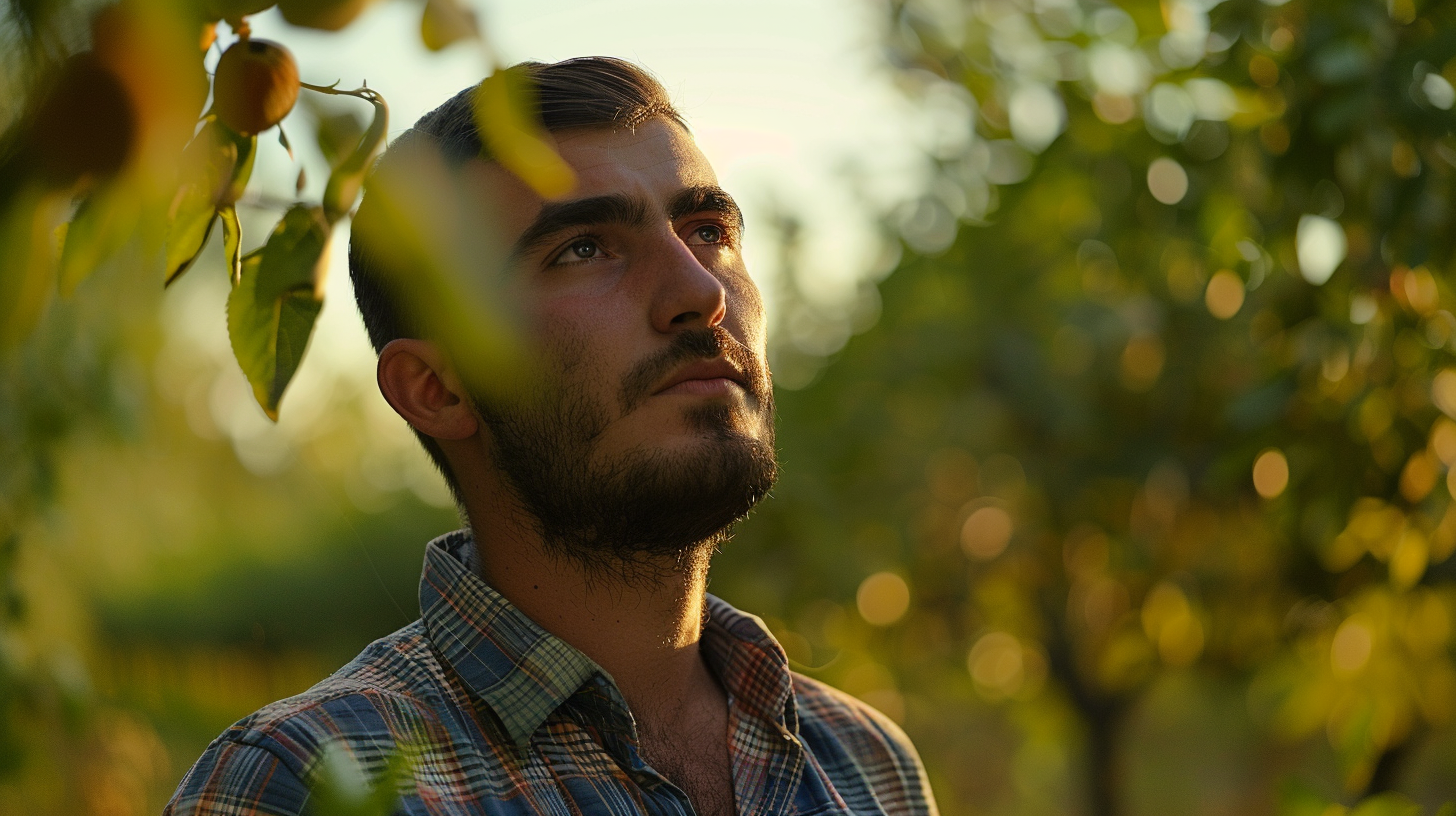 A hazelnut farmer in a plaid shirt thoughtfully inspecting hazelnuts in his orchard at sunset.