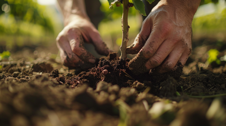 Farmer applying organic compost around a young hazelnut tree in a sunny orchard.