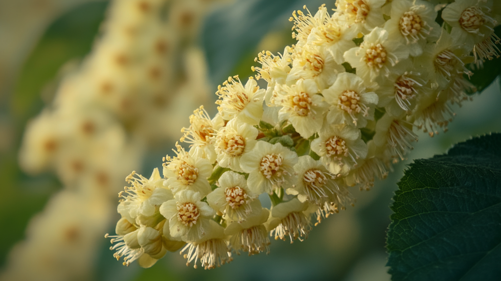 Close-up of hazelnut tree flowers in bloom, showcasing intricate details and a green leaf background.