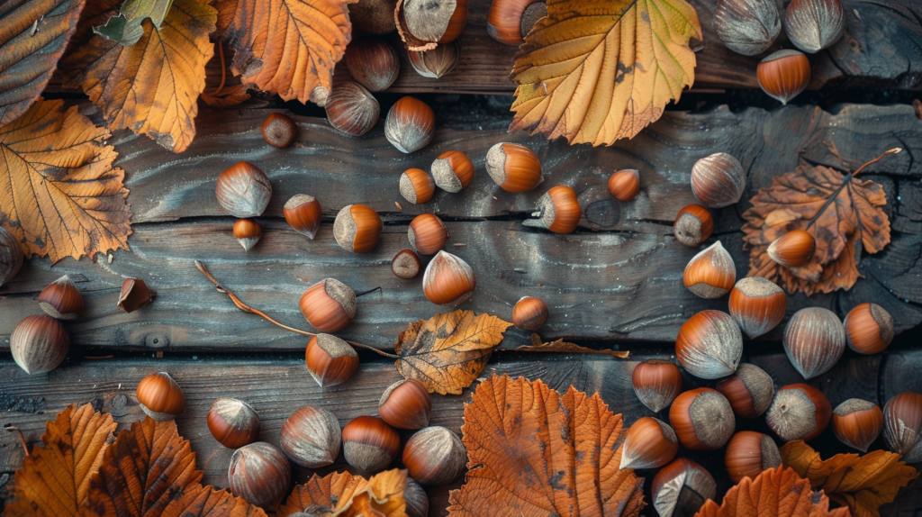 Close-up of different hazelnut varieties on a rustic wooden table with hazelnut leaves in the background.