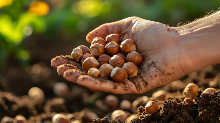 A farmer’s hand holding various types of hazelnuts above freshly tilled soil in an orchard.