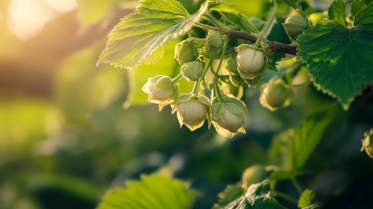 Close-up of green hazelnut burs developing on a branch with sunlit leaves in the background.