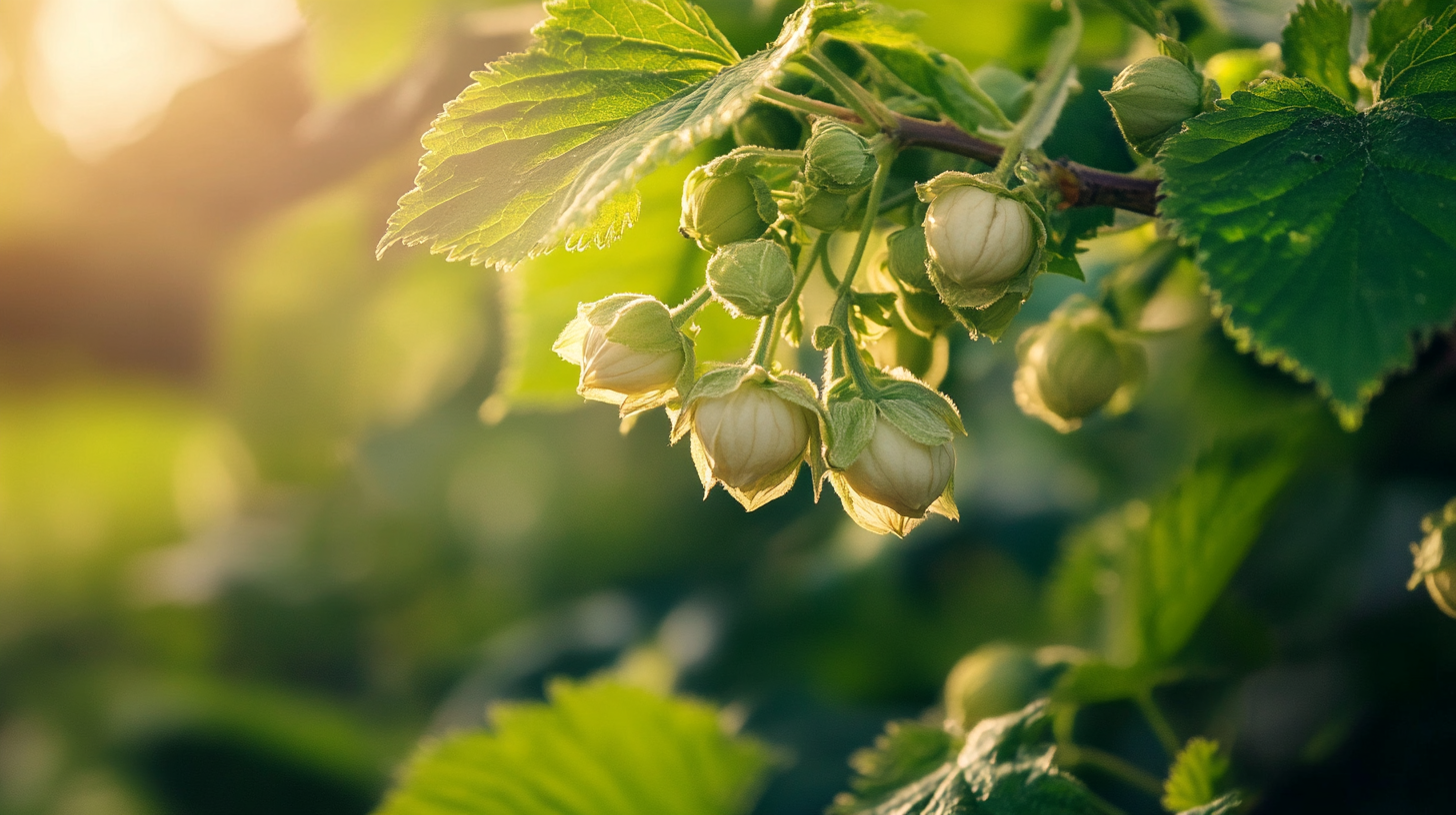 Close-up of green hazelnut burs developing on a branch with sunlit leaves in the background.