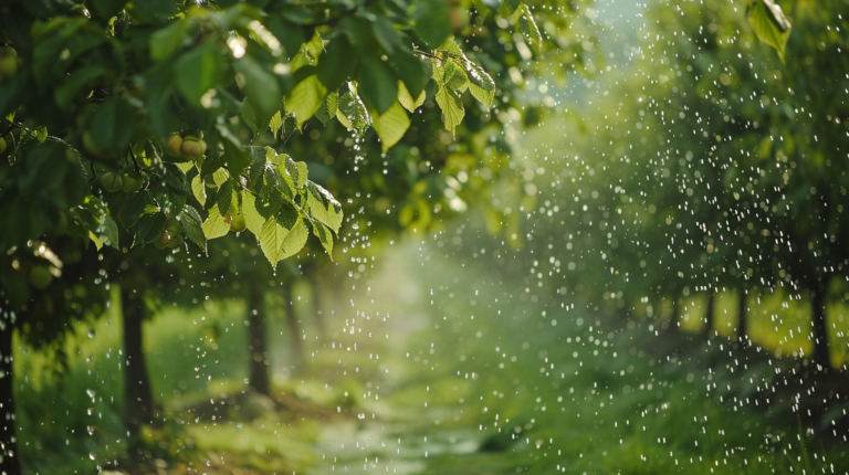 Hazelnut orchard with lush green trees being gently watered, showcasing the irrigation process with water droplets in the air.