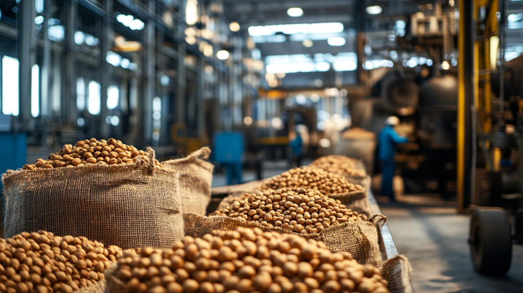 Hazelnut processing facility with export-ready bags and workers.