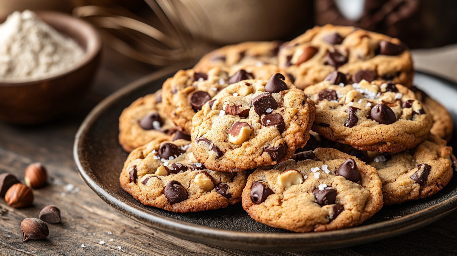 Close-up of freshly baked hazelnut and chocolate chip cookies with crispy edges and soft centers, topped with melted dark chocolate and toasted hazelnuts.