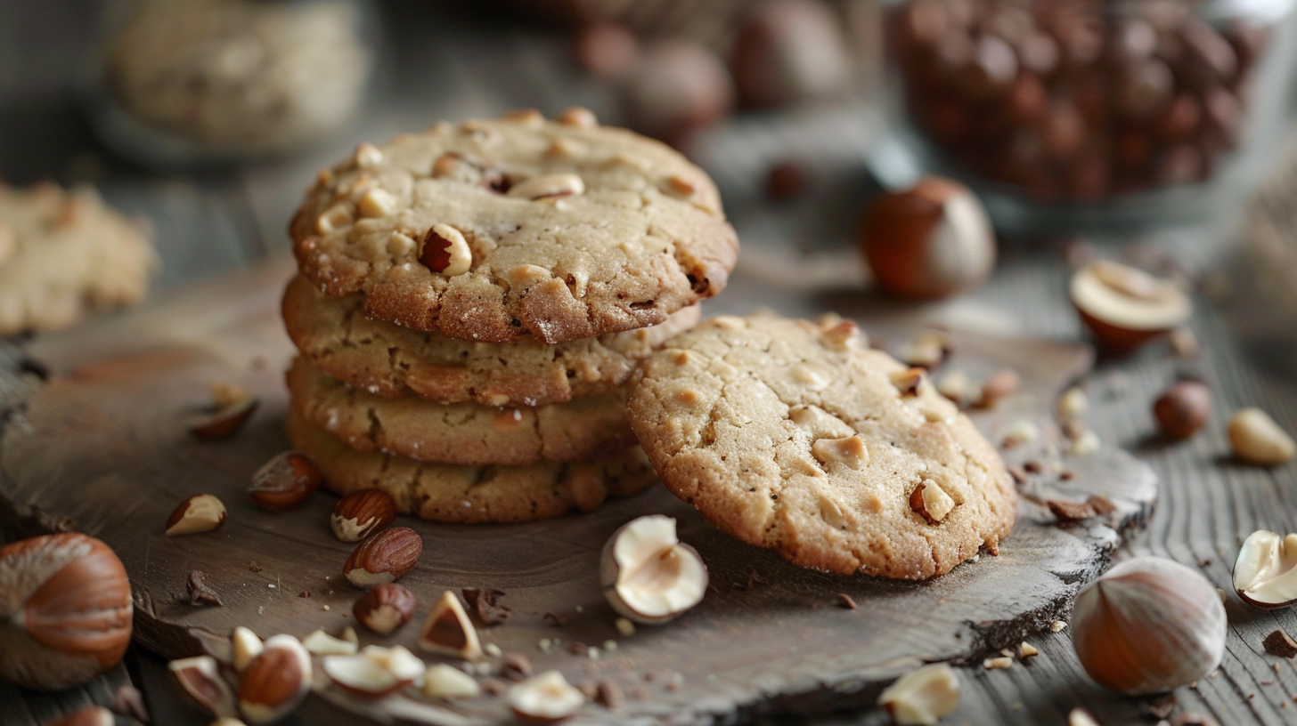 Freshly baked hazelnut cookies on a wooden table with whole and chopped hazelnuts.