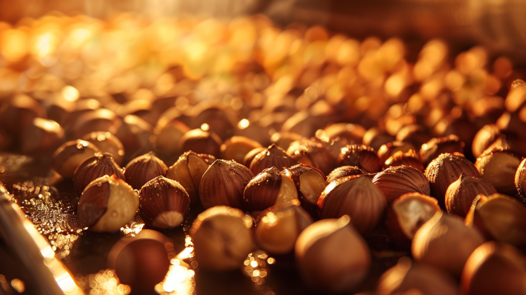 Close-up of hazelnuts roasting in an oven with golden light reflecting on their skins.