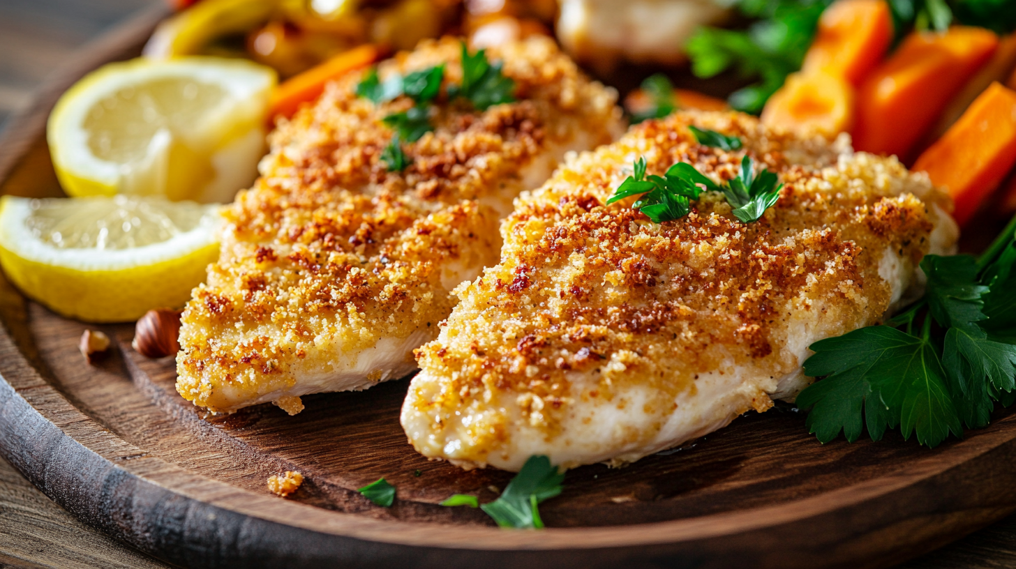 Golden brown hazelnut-crusted chicken served with lemon wedges and fresh vegetables on a rustic wooden plate.