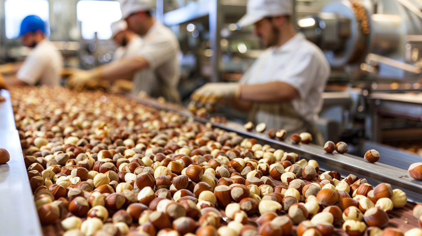 Workers sorting and packing hazelnuts in a modern Italian processing facility.