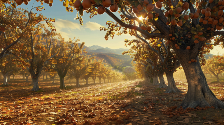 A sunlit hazelnut orchard in autumn with rows of hazelnut trees and fallen leaves.