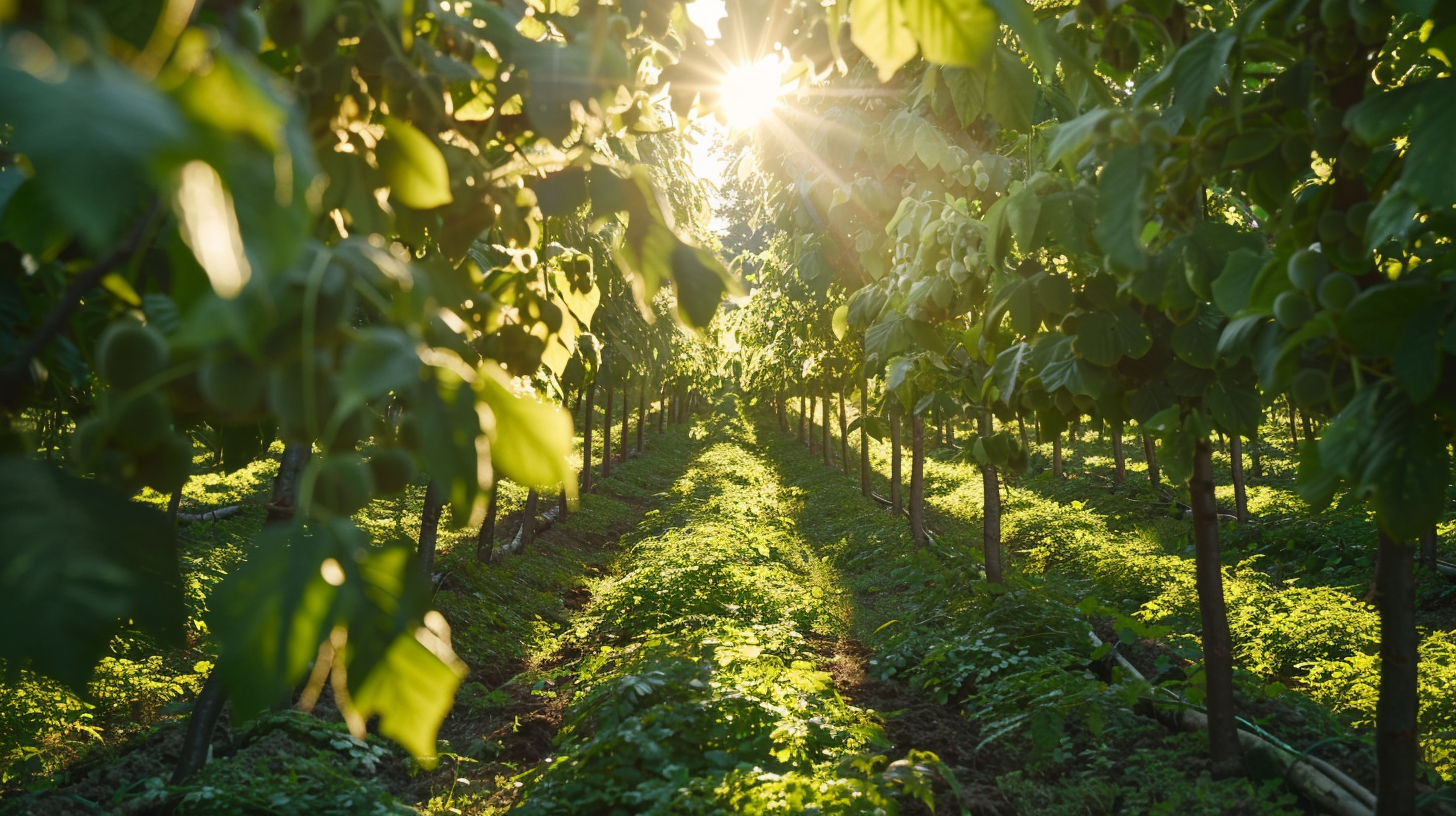 Hazelnut orchard under bright sunlight with healthy, green trees.