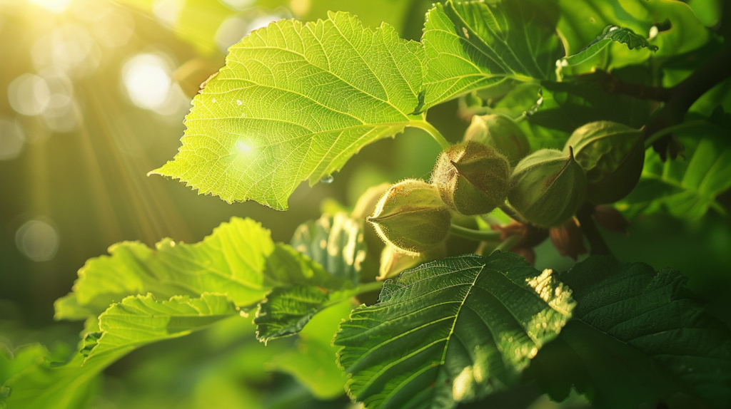 Close-up of hazelnut leaves and ripening hazelnuts on a branch, illuminated by sunlight.