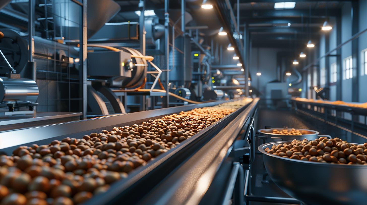 Modern factory with automated machinery processing and packaging hazelnuts.