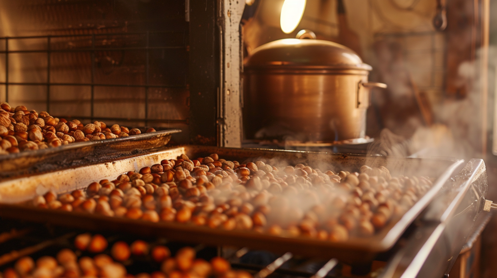 Hazelnuts roasting in a traditional oven with steam rising and a warm glow from the oven light.