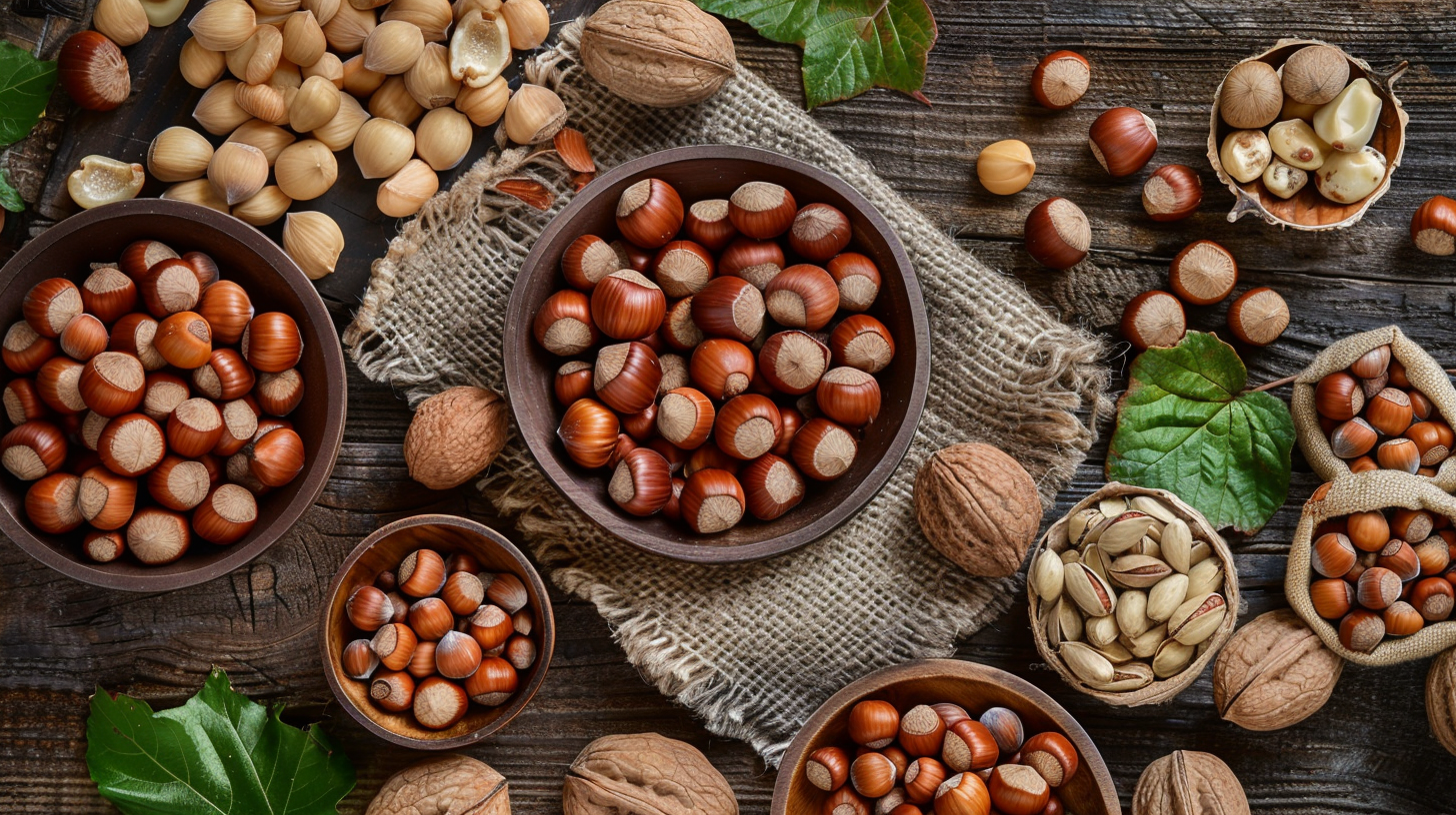 Different types of hazelnuts displayed on a rustic wooden table with leaves and a burlap sack in the background.