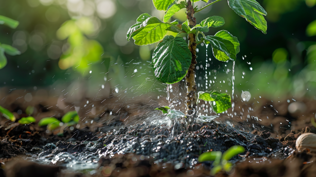 Close-up of a young hazelnut tree being watered, with droplets splashing around its base in a garden setting.