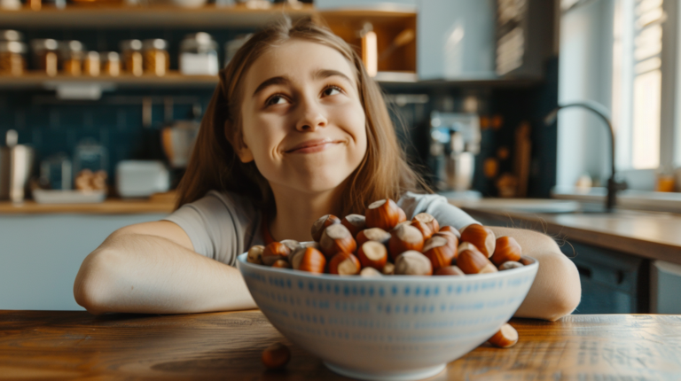 A young girl smiling at a large bowl of hazelnuts on a wooden kitchen table with a modern kitchen in the background.