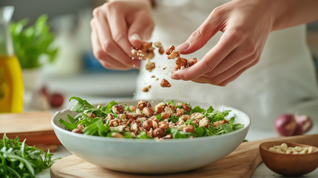 A person adding chopped hazelnuts to a fresh green salad, illustrating a healthy way to incorporate hazelnuts into a diet. Hazelnut varieties.